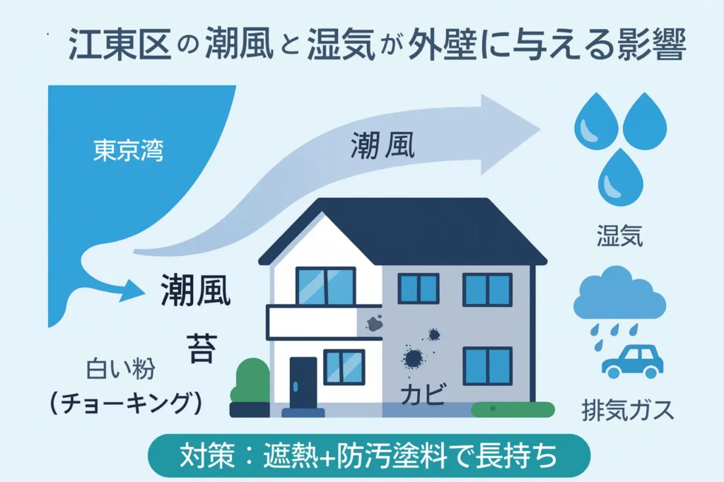 江東区の潮風や湿気・排気ガスによる外壁劣化のリスクをまとめた図解