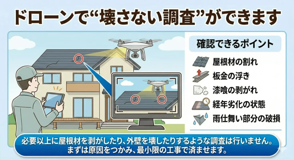 【雨漏り緊急】江東区の雨漏り修理|最短60分で駆けつけ・火災保険も対応 3 雨漏り調査でドローンを使うメリット(屋根材の割れ・板金の浮き・劣化状況を非破壊で確認)