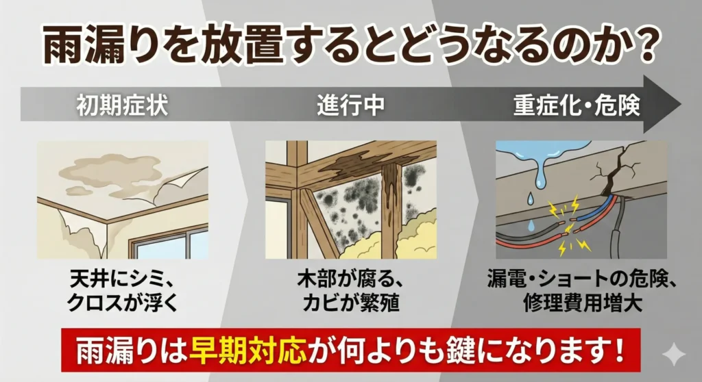 【雨漏り緊急】江東区の雨漏り修理|最短60分で駆けつけ・火災保険も対応 2 雨漏りを放置したときの進行段階と危険性(初期のシミ、木部の腐食・カビ、ショートや破損による重症化)