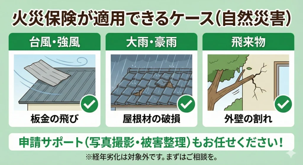【雨漏り緊急】江東区の雨漏り修理|最短60分で駆けつけ・火災保険も対応 4 江東区で火災保険が適用できる自然災害の例(台風の板金飛び・大雨による屋根材破損・飛来物による外壁の割れ)
