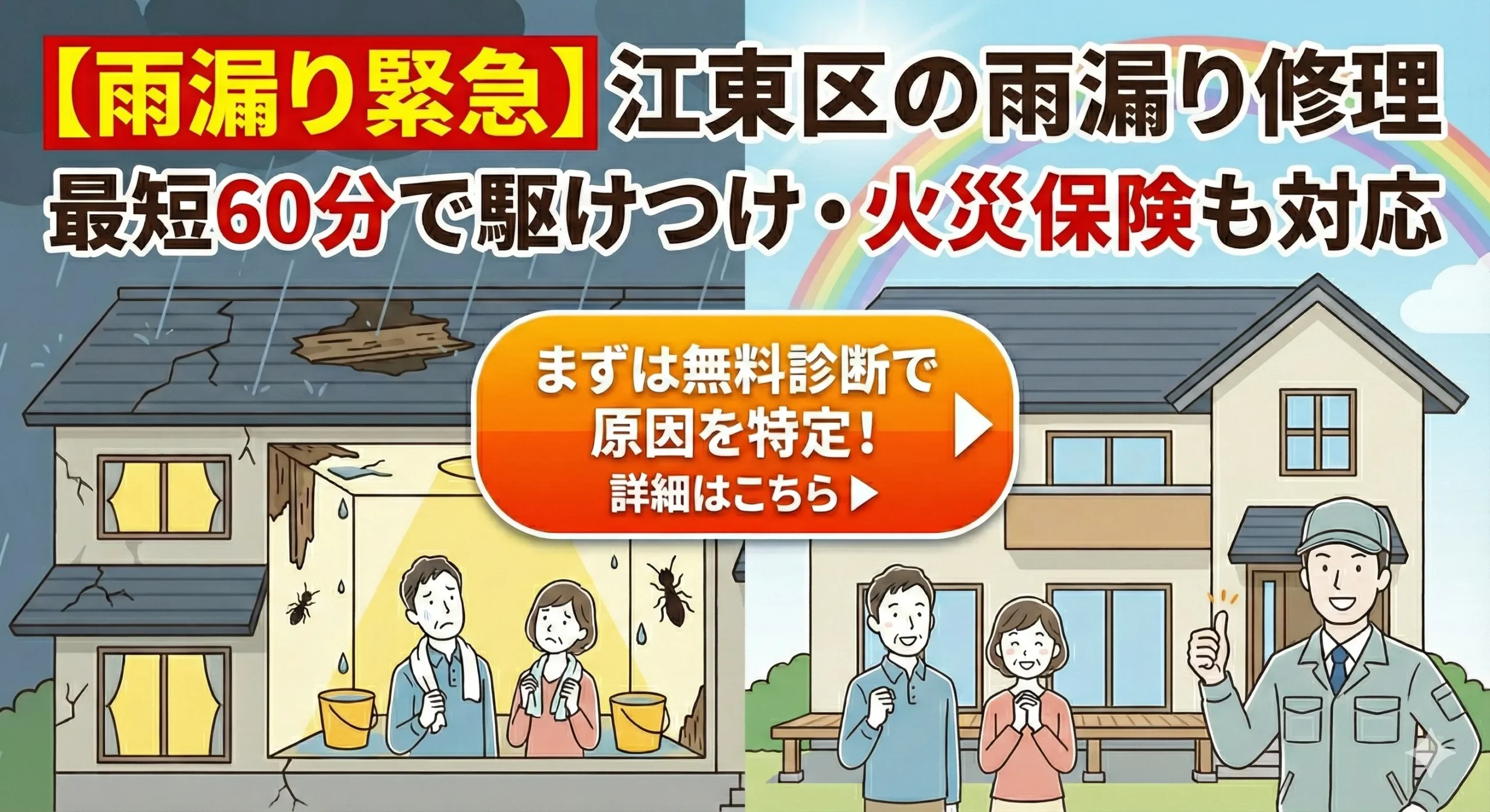 江東区の雨漏り緊急対応を案内するトップバナー（最短60分で駆けつけ・火災保険対応）