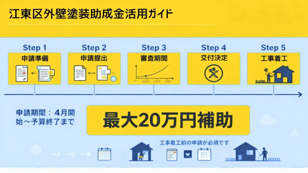 【2025年最新版】外壁塗装はいつがベスト?江東区の気候に合わせた最適な塗り替え時期 5 alt:
江東区の外壁塗装助成金の申請から施工までの流れを示したフローチャート 最大20万円補助のタイミングを解説