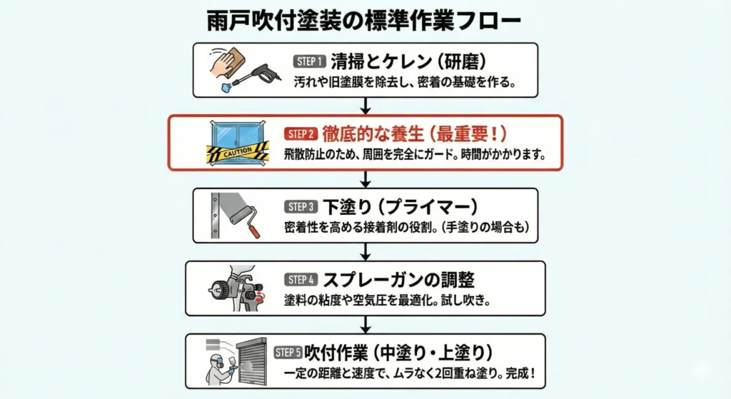 雨戸吹付塗装の標準作業手順フロー図｜養生・下塗り・スプレーガン調整・吹付仕上げ
