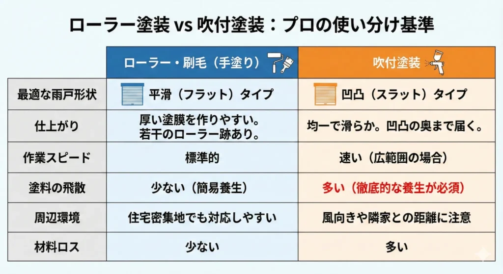 ローラー塗装と吹付塗装の違い比較表｜凹凸雨戸の最適な塗装方法をプロが解説