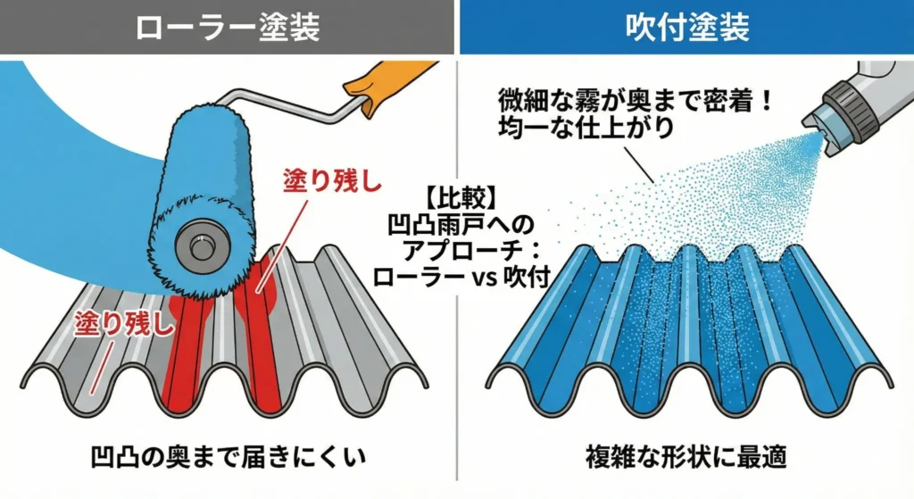 凹凸雨戸へのローラー塗装と吹付塗装の仕上がり比較イラスト｜奥まで届くのはどっち？