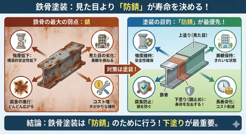 鉄骨塗装の下塗りと防錆の重要性を図解した説明画像