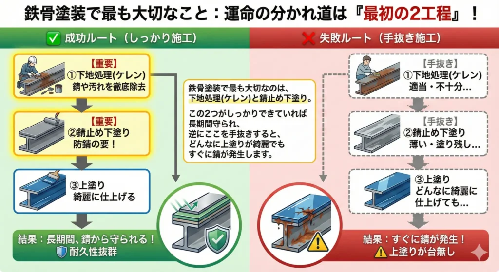 鉄骨塗装の成功例と失敗例を比較した下地処理と下塗り工程の重要性を示す図解