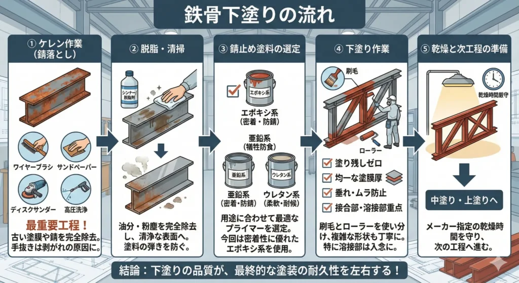 鉄骨下塗りの流れ・ケレン作業から錆止め下塗りまでの工程解説
