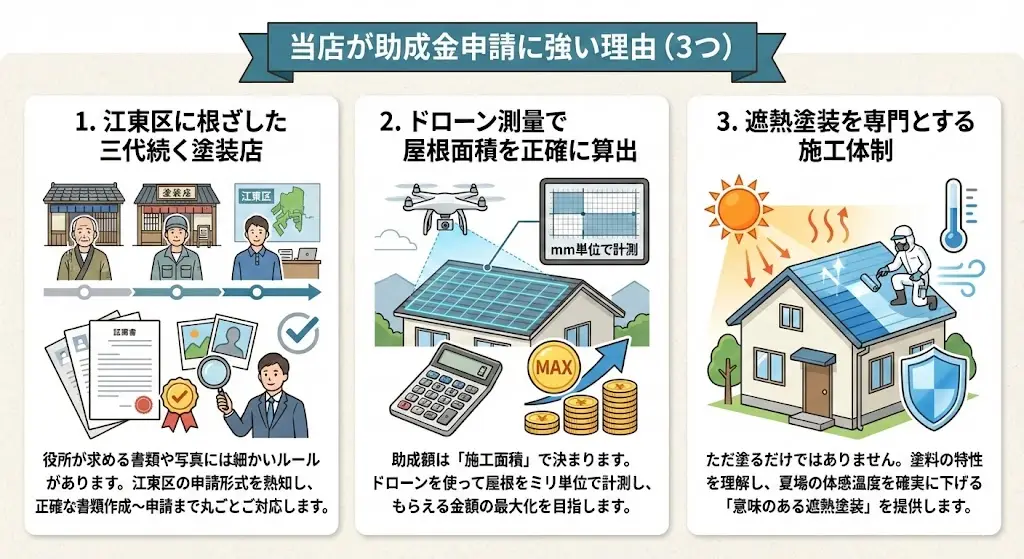 【2025年12月最新】江東区の外壁塗装助成金ガイド|最大20万円の仕組みと申請手順 7 江東区で助成金申請に強い理由をまとめた3つのポイント図解