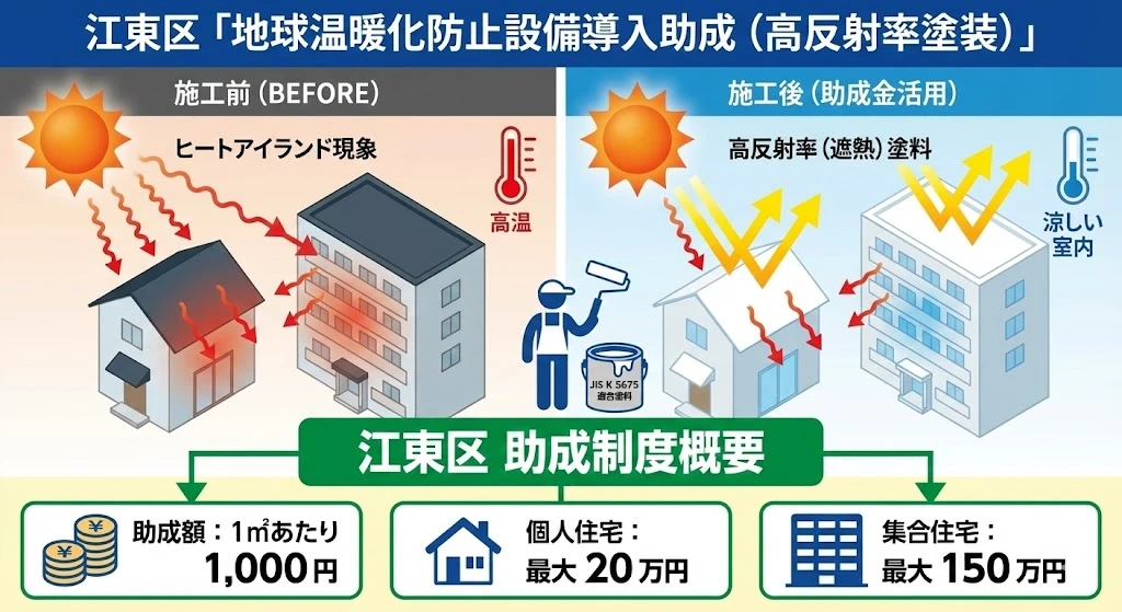 【2025年12月最新】江東区の外壁塗装助成金ガイド|最大20万円の仕組みと申請手順 3 江東区の外壁塗装助成金を一級塗装技能士が図解でわかりやすく解説する紹介イラスト